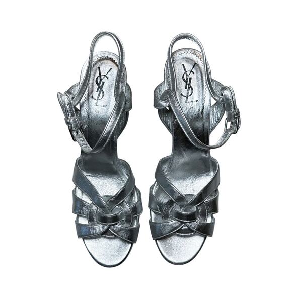 Saint Laurent Tribute Metallic Silver Platform Ankle Strap Heels Sandals 40 - Picture 3 of 8